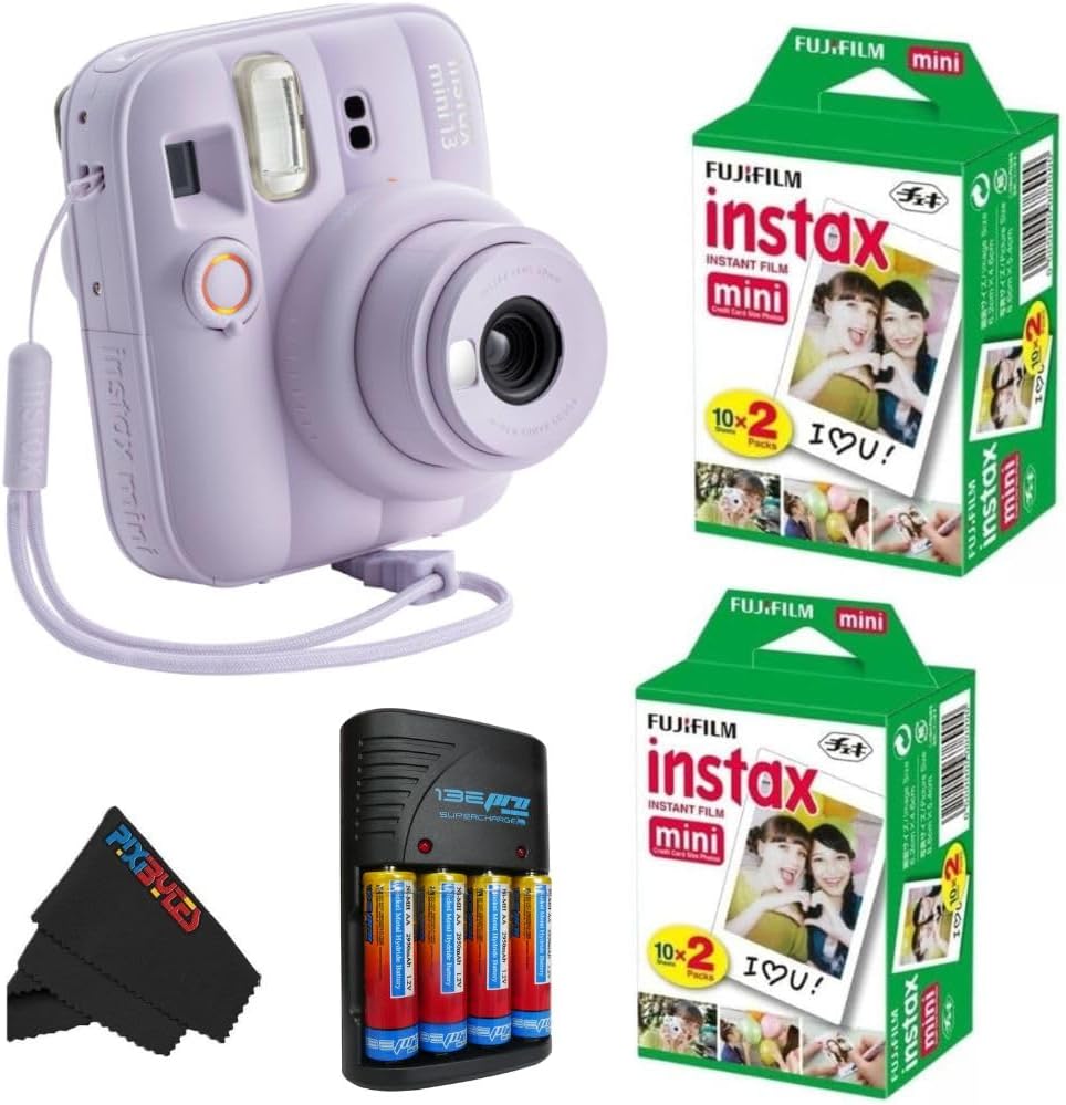 FUJIFILM INSTAX MINI 13 Instant Film Camera - Fujifilm Instax Mini Instant Film for Mini Camera...(Dreamy Purple Camera, 2 x Mini Twin Pack + 4 AA Batteries)