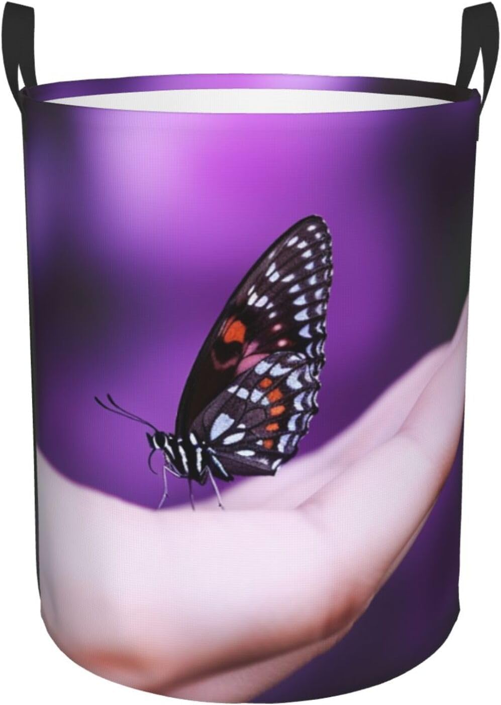 Butterfly on finger print Circular Hamper Waterproof Storage Bin Organizer Basket Laundry Hamper With Handles For Clothes Toys Medium