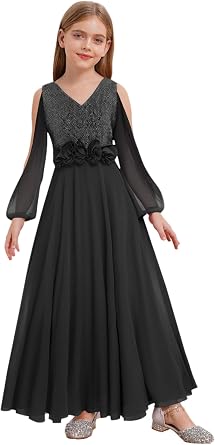 Sxiwei Junior Bridesmaid Dresses for Kids Girls Cold Shoulder Maxi Dress Party Dance Dress Wedding Birthday Ball Gown