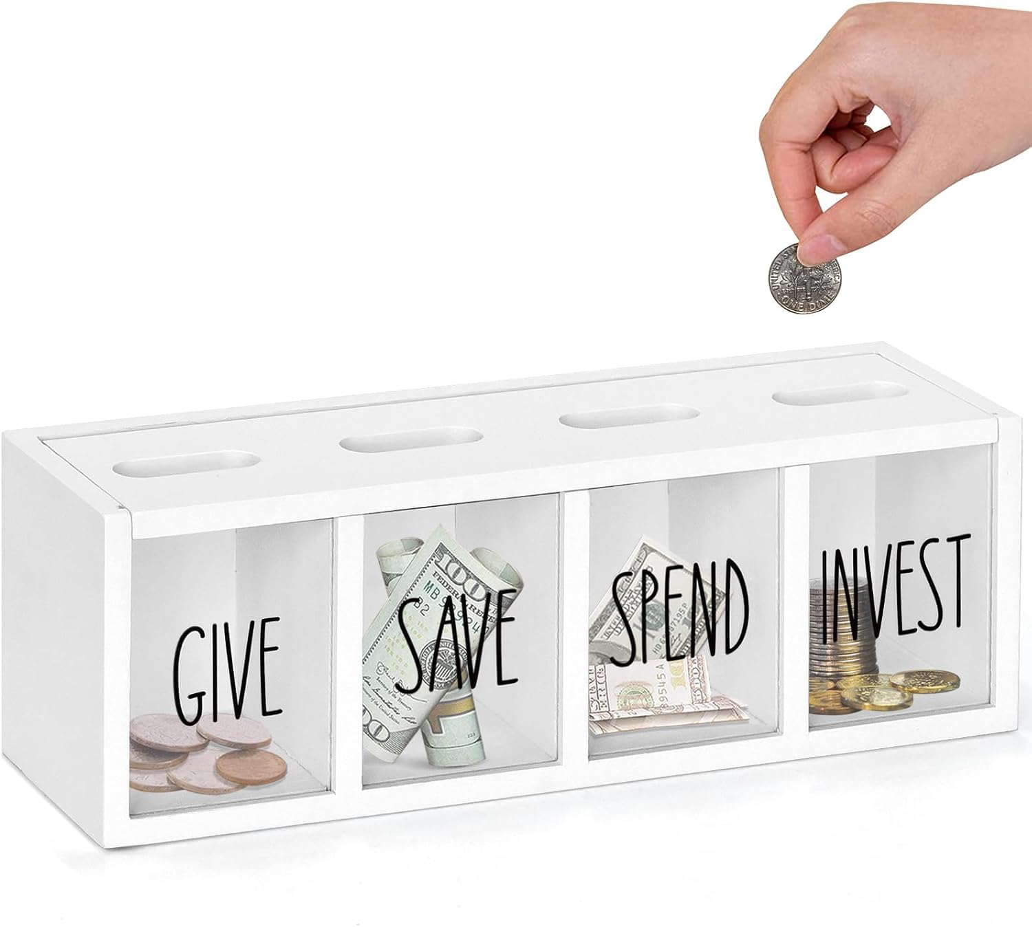 Money Boxes for Kids Wooden Give Save Spend Invest Money Saving Box Visualized Piggy Banks Set for Daily Cash Bill and Penny Teaches Kids Financial Literacy Ages 3-7 Countertop Wall Mounted(White)