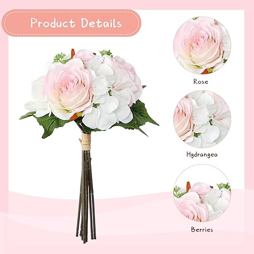 Miniatura 3 de Tigeen 12 juegos de ramos de boda para novia, dama de honor, rosas artificiales, flores de seda rosa sintética con tallos ramo floral blanco para