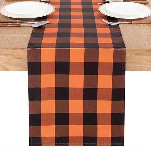Miniatura 2 de MLMW Paquete de 2 caminos de mesa a cuadros de búfalo de Halloween de 12 x 108 pulgadas, camino de mesa de satén a cuadros naranja y negro para
