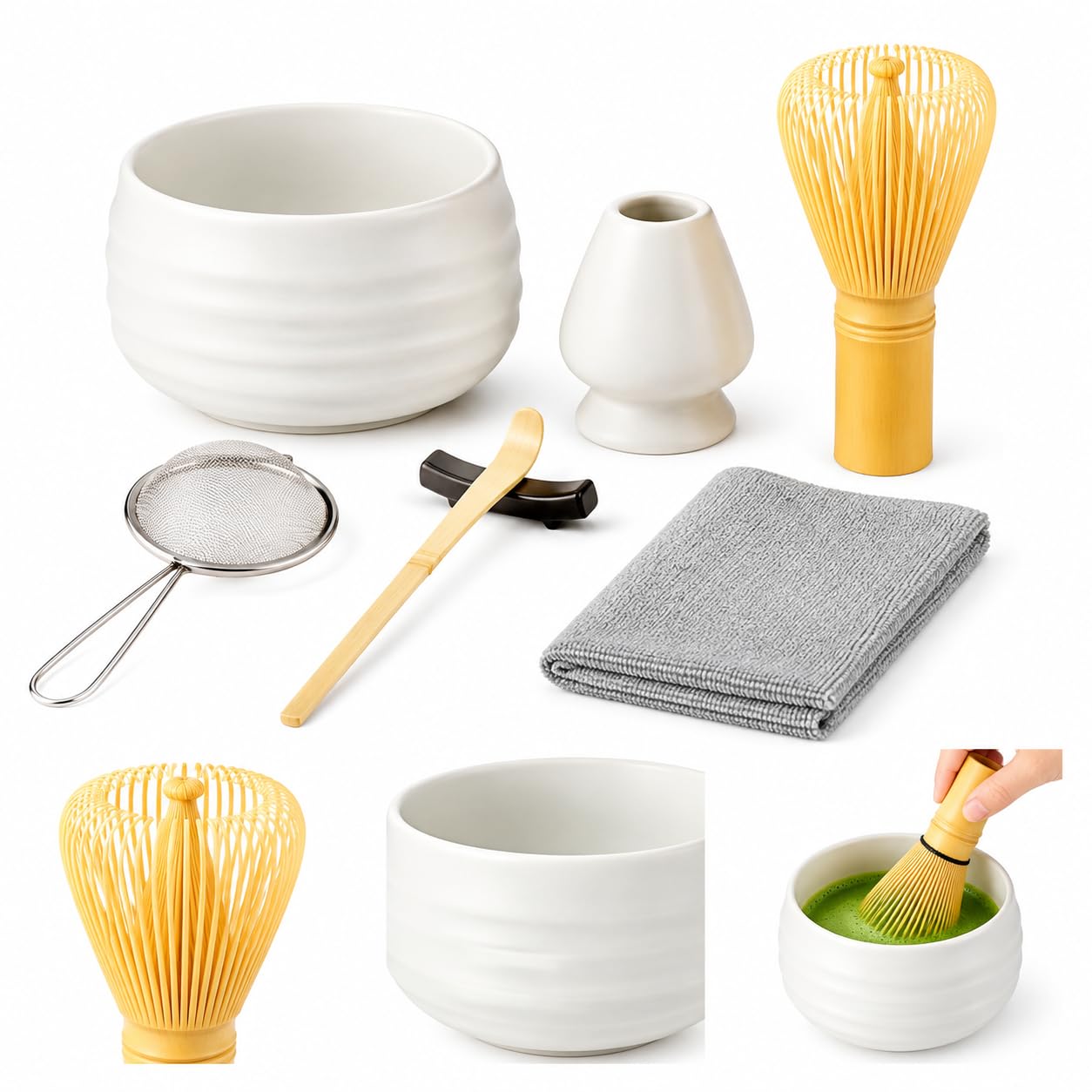 Kit complet pour matcha 7 pièces avec fouet et bol en bambou, tamis, cuillère, support pour fouet et accessoires à thé (blanc)