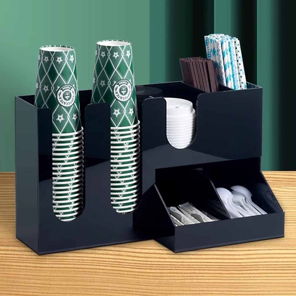 Organizer na kawę, uchwyt na pokrywkę ze stali nierdzewnej, akrylowy organizer na 7 kubków do kawy, czarny, 41,5 x 18,5 x 24,5 cm