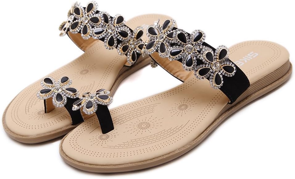 Fimuy Women's Fashion Leather Floral Flat Summer Slide Sandals Sandles Black 39 8 D(M) US