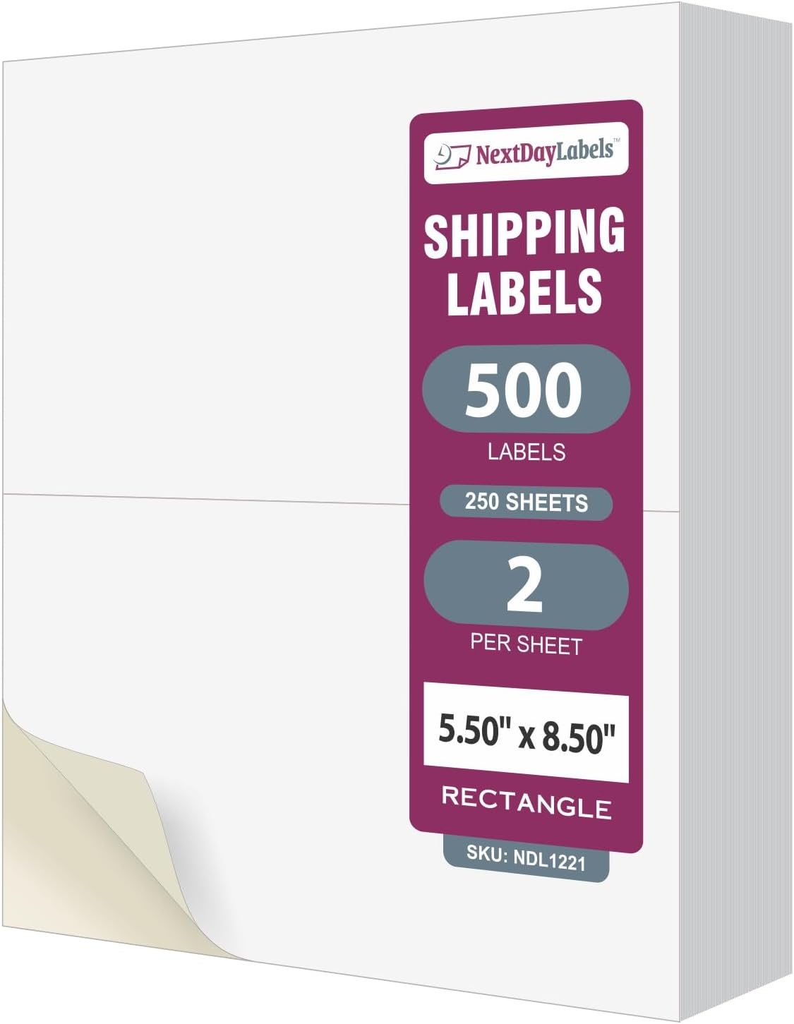 NextDayLabels Half Sheet Shipping Labels 5.5" x 8.5" – Printable Blank Labels for Laser & Inkjet Printers, White Self-Adhesive Stickers, 2 Per Page for Ship, FBA, UPS & FedEx, Made in USA, 100 Pack