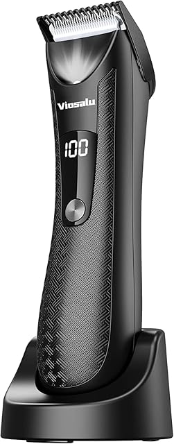 Body Hair Trimmer for Men, Electric Groin & Pubic Hair Trimmer with LED Display and Charge Dock, Waterproof Wet/Dry Body Groomer, Replaceable Ceramic Blade Heads, Ultimate Male Hygiene Razor