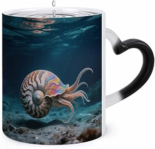 Color Changing Mug, Novelty Coffee Magic Cup, Nautilus | Heat Sensitive Coffee Mug, Heart Shape Handle, Ceramic Tea Cup, Surprise Color Changing Design Mugs for Birthday, Christmas
