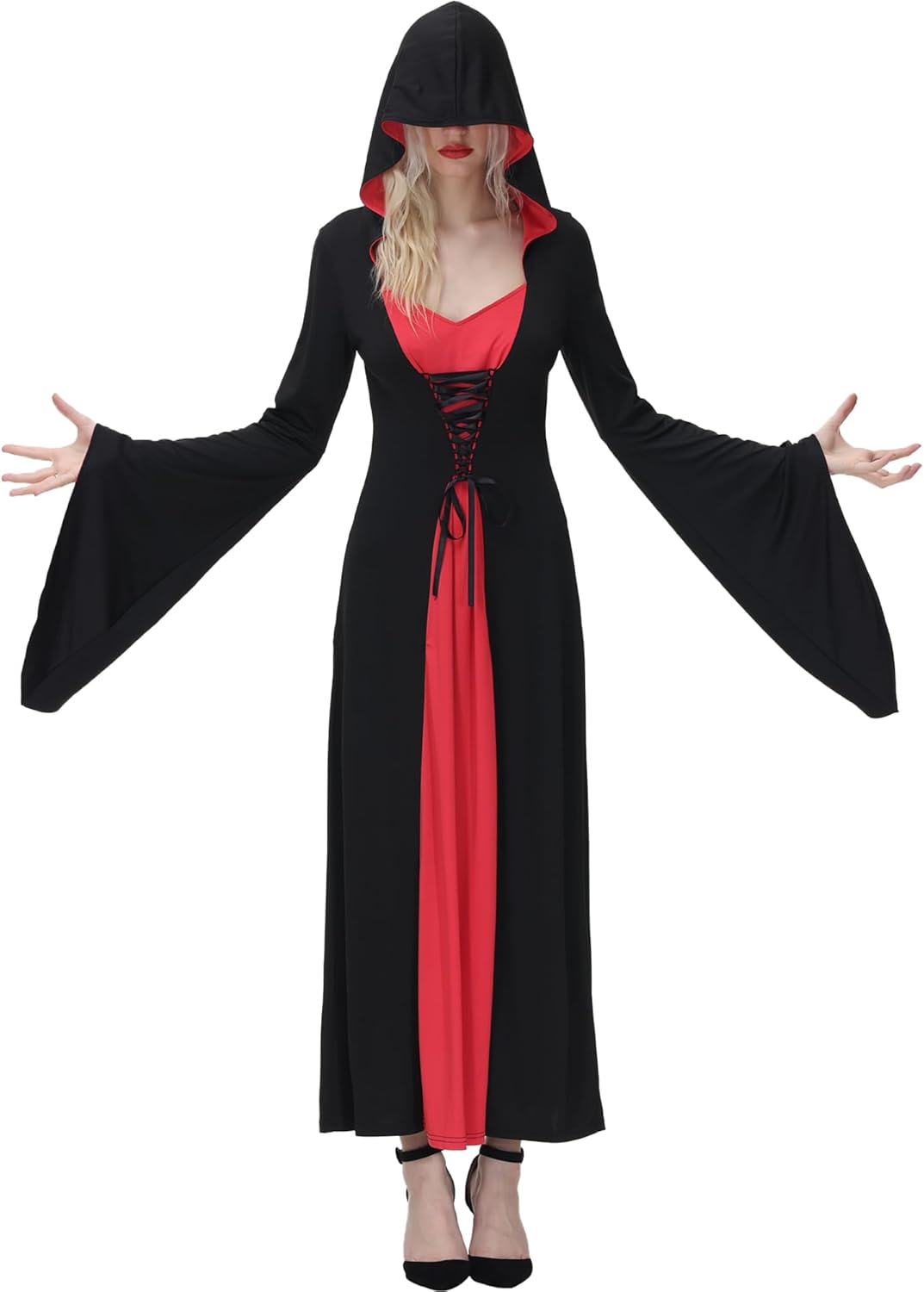 NANAMEEI Women Lace Up Front Hooded Robe Costume Color block Maxi Dress
