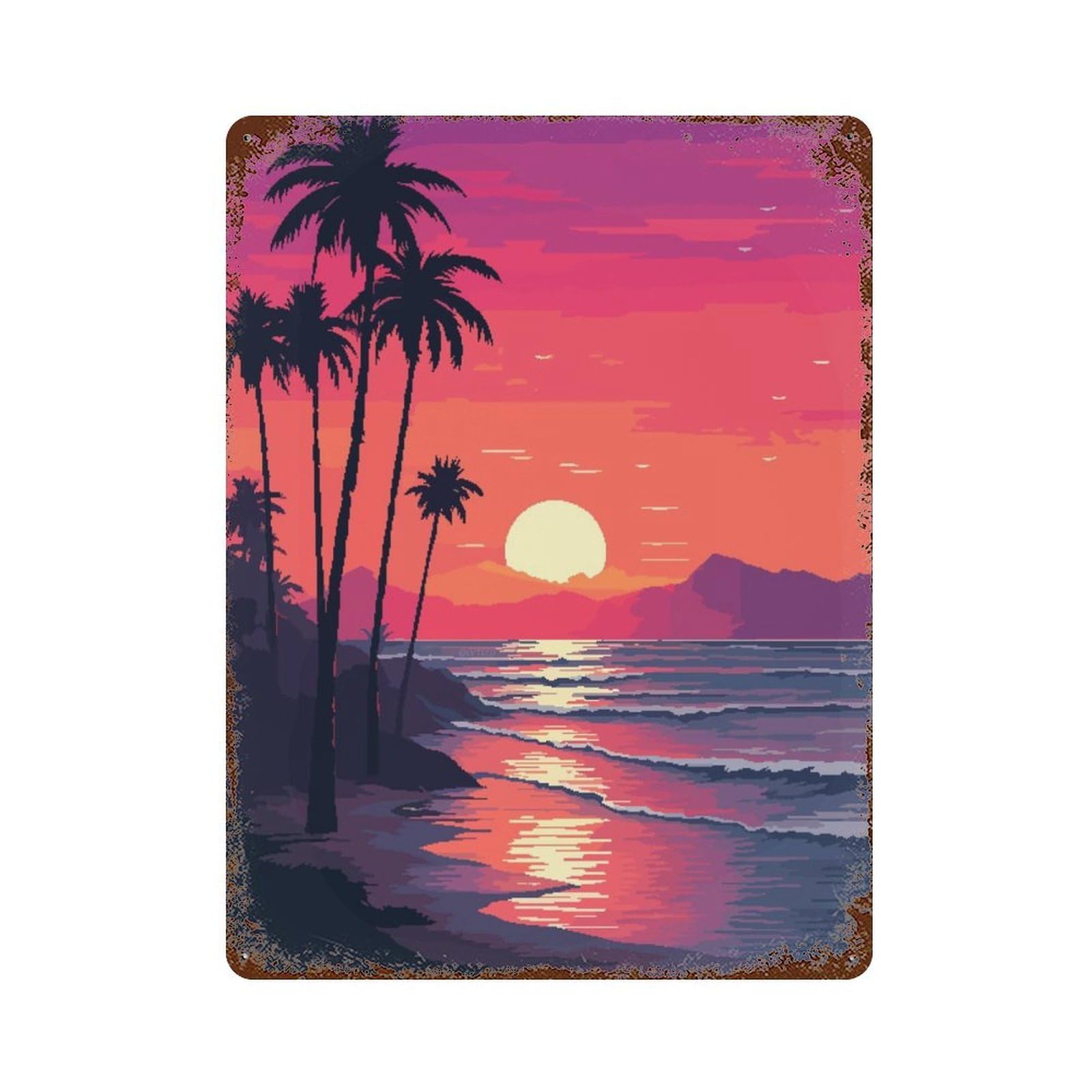 California Sunset Pixel Rustic Tin Plaque 15.7"x11.8", Ideal for Shed, Workshop And Garage Wall Decor