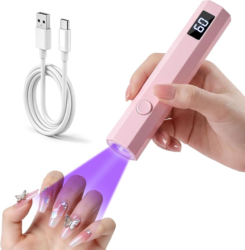 Handheld UV Nail Light for Gel Nails, Flash Cure Nail Lamp with LED Display, Mini Led Nail Lamp Pen Settings 20/60s Timer, Hand Held Nail Light for Glue Polish Home Salon DlY, Pink