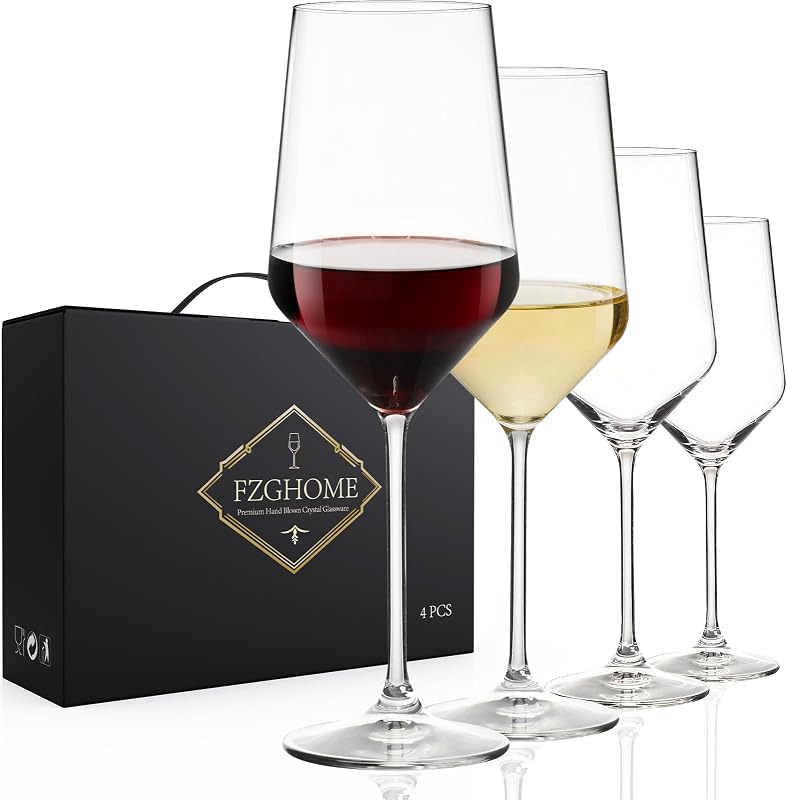 Juego de 4 copas de vino tinto, copas de vino blanco sopladas a mano, cristal con tallo largo para uso diario, regalos para cumpleaños, boda, aniversario de jubilación, 15 onzas
