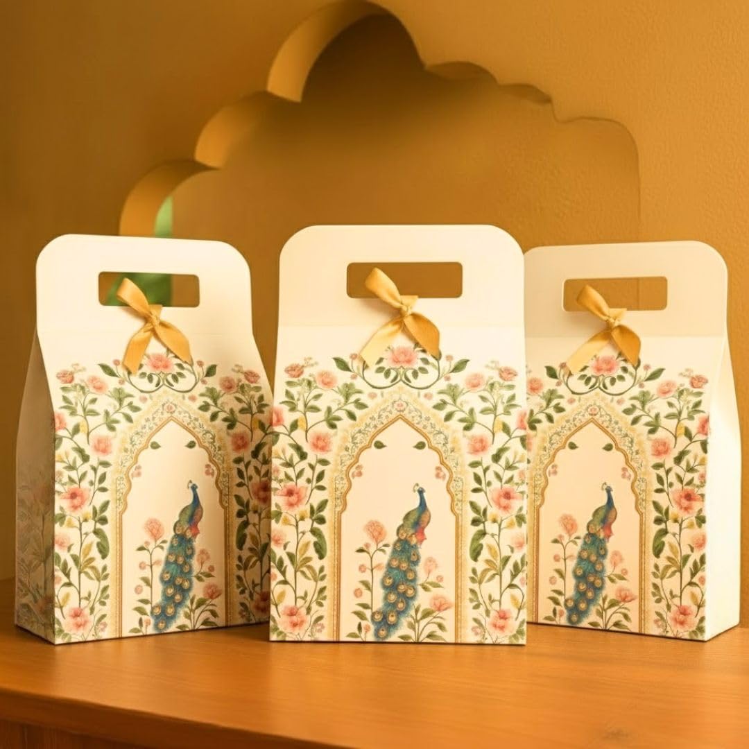 SATYAM KRAFT 5 Pcs Multipurpose Foldable Shahi Dibba Decorative Peacock Hamper Boxes with Handle & Ribbon | Gift Packaging Tray for Wedding Return Gifts, Christmas, Birthday, Festive Gifting, Dry Fruits, Sweets (Cream)-image-45