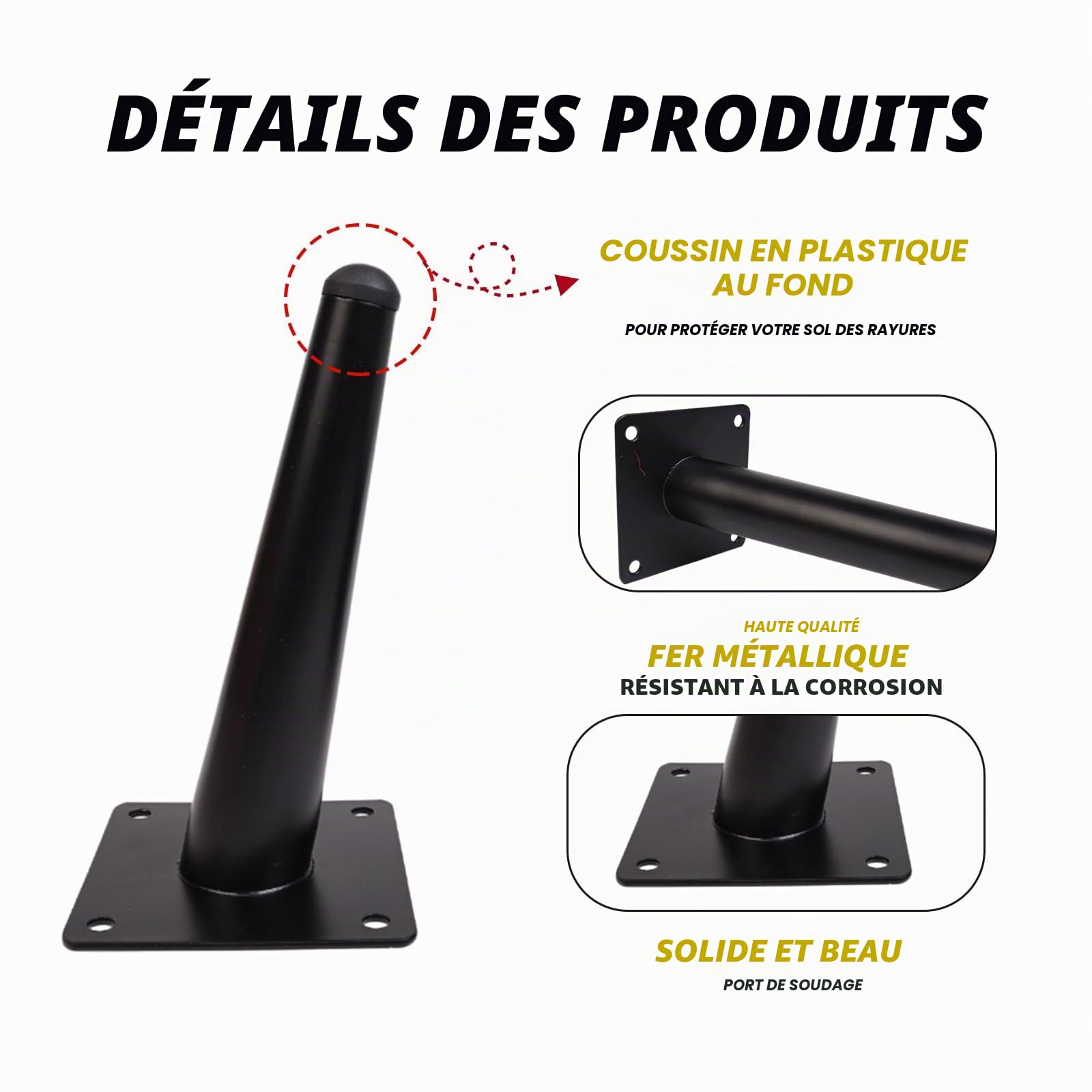 4 Pièces Pieds de Meuble Métal 35cm,Base Conique pour Table Basse | Design Conique Épuré en Noir,Structure Stable Pied pour Bureau Canapés, Meubles TV,Chaises et Armoires,Installation Simple
