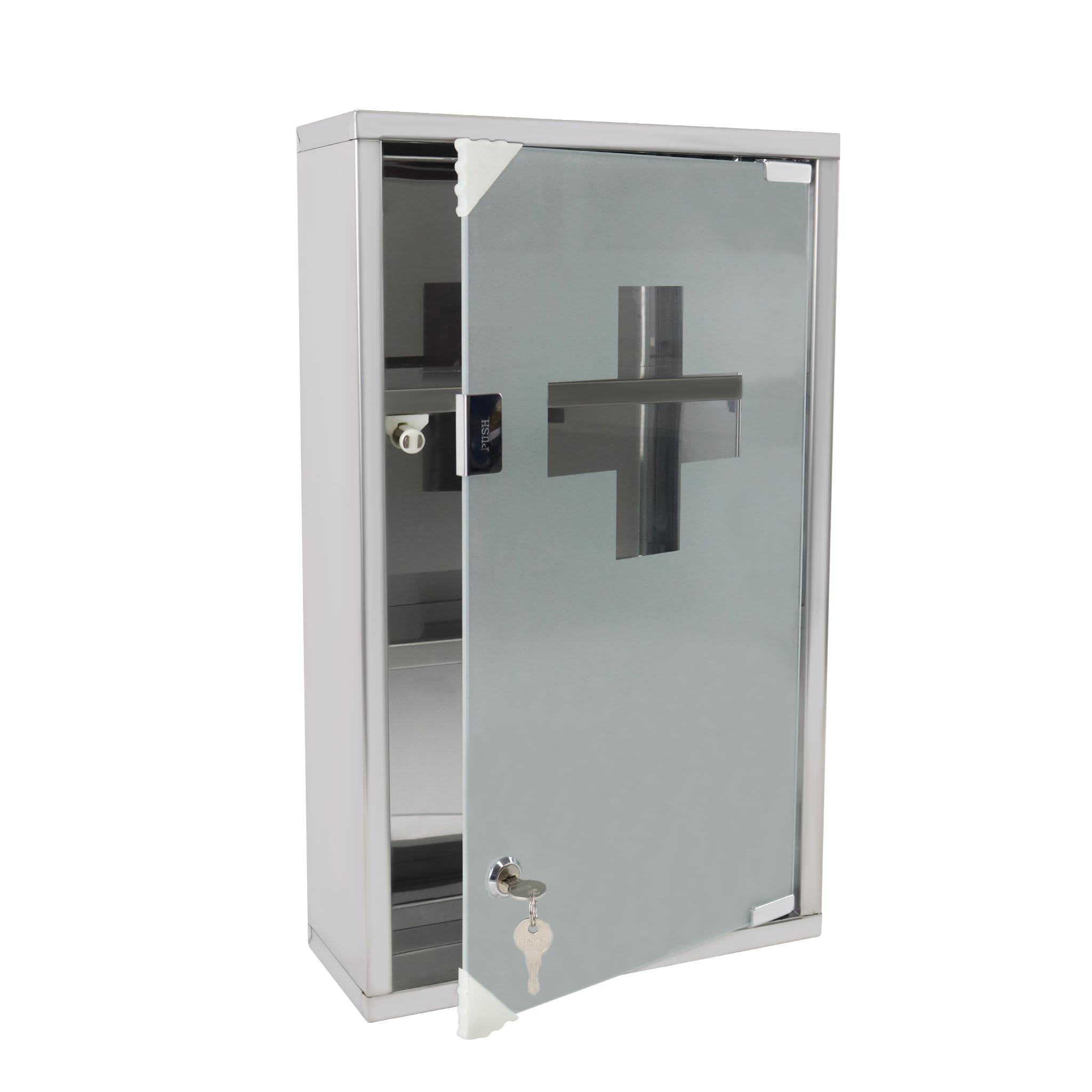 NAIZY Armario Médico de Farmacia de Acero Inoxidable con Puerta de Cristal Opaco y 2 Llaves 30x12x30 cm (3 Compartimentos)