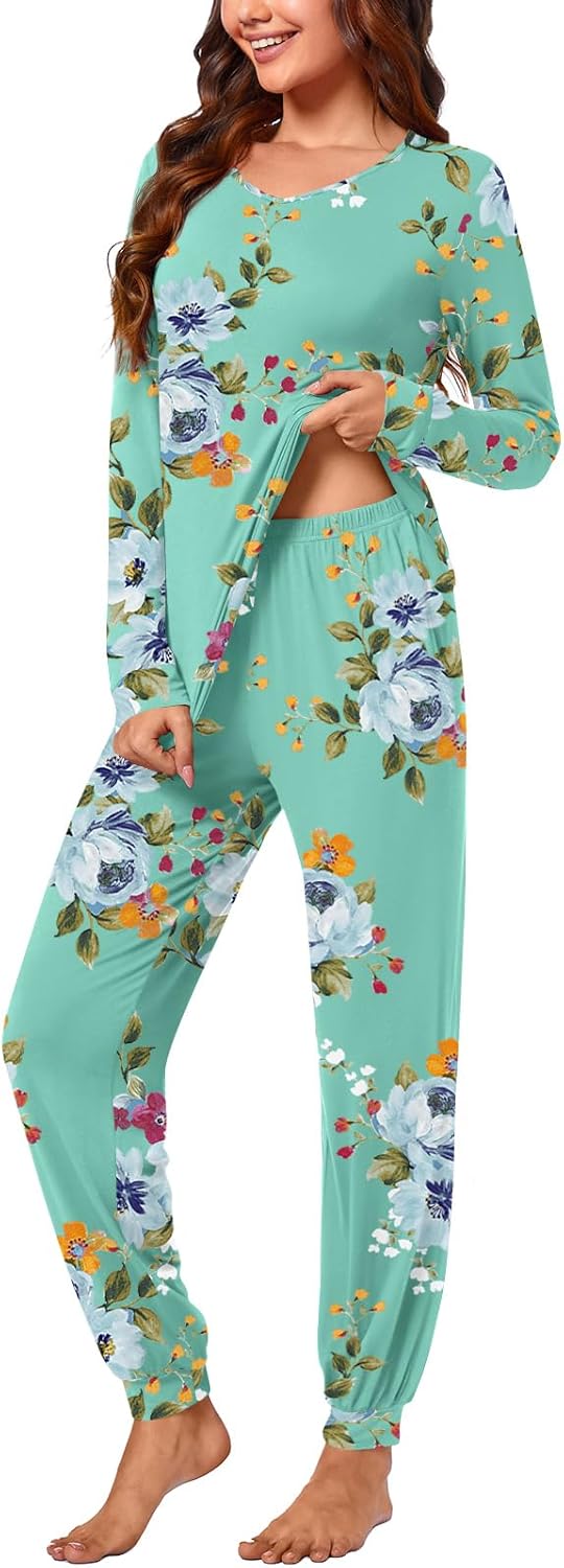 syoss Womens Pajama Set Long Sleeve Sleepwear Fall V-Neck Nightwear Soft Pjs 2 Piece Lounge Sets with Pockets - Image 3