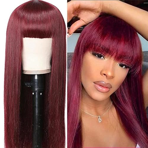 Miniatura 8 de KLAIYI Peluca de cabello humano largo y lacio color burdeos con flequillo, color rojo vino, sin pegamento, para mujeres negras, sin encaje frontal,