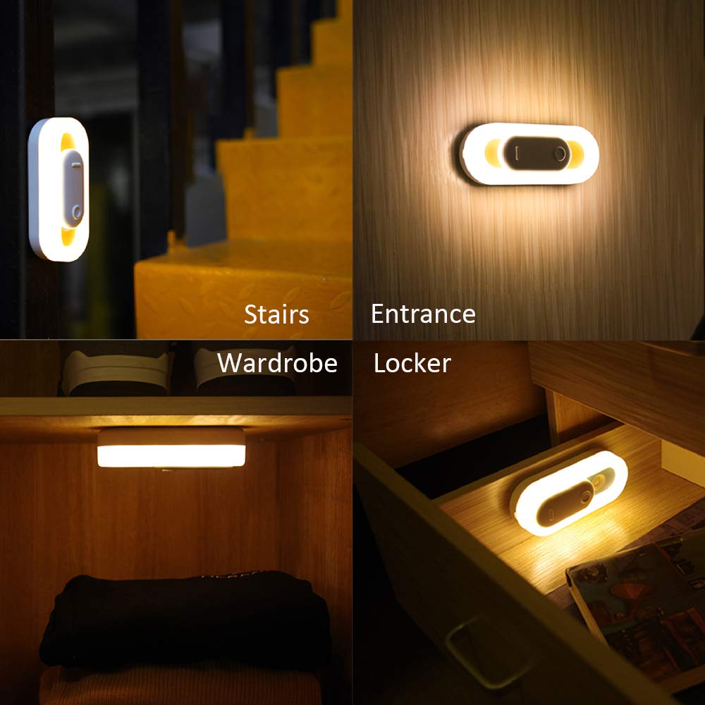 La luz del sensor, Armario de luz, LED portátil ligero de la noche, dos modos, USB recarga, interruptor deslizante magnético, Escalera, pasillo, baño, armario, dormitorio, cocina Pack de 2,Amarillo