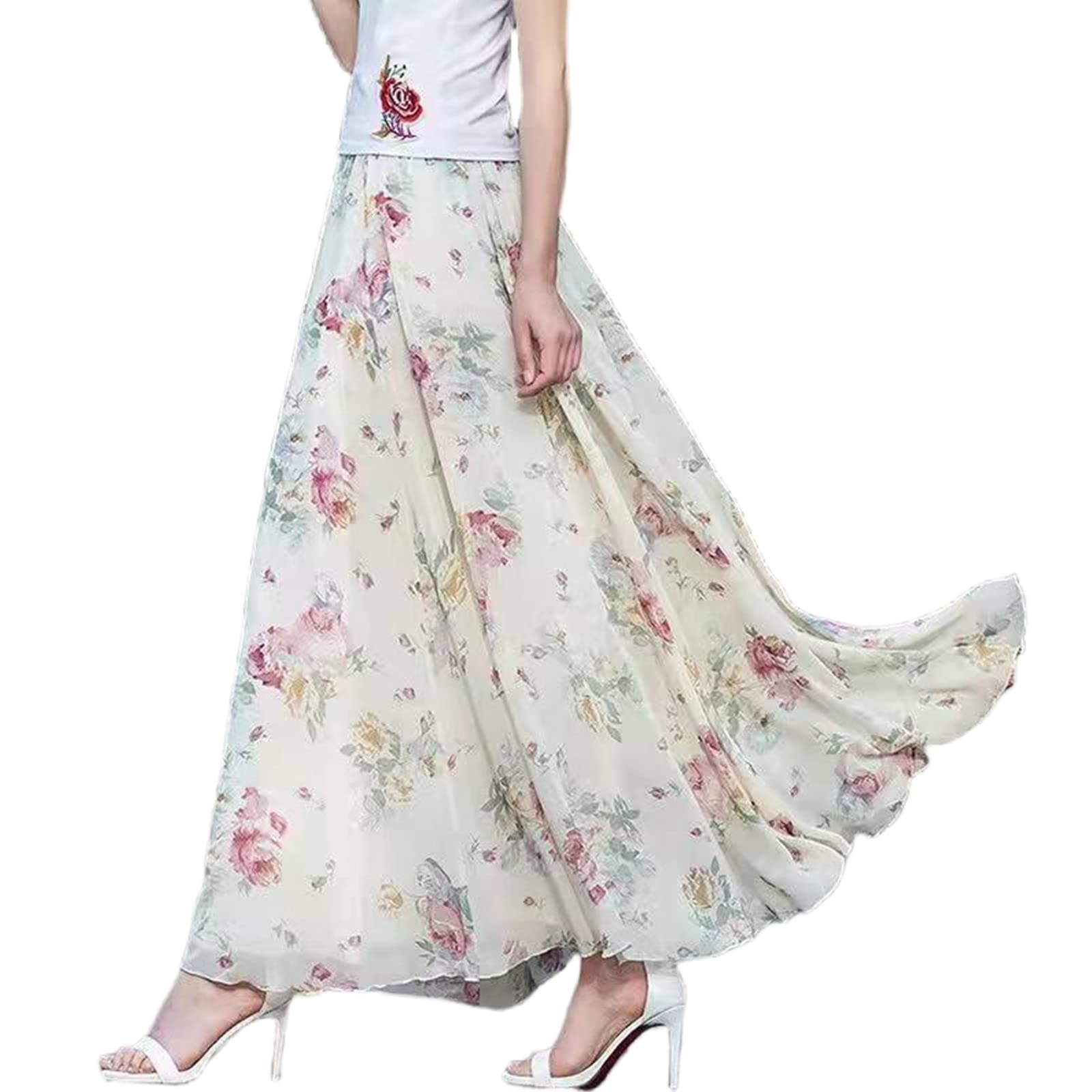 URYYRIT Strandkleid Chiffon Blumensommerrock Mitten In Großer Größe Langer Rock Big Swing Beach Seaside Dancing Feenrock