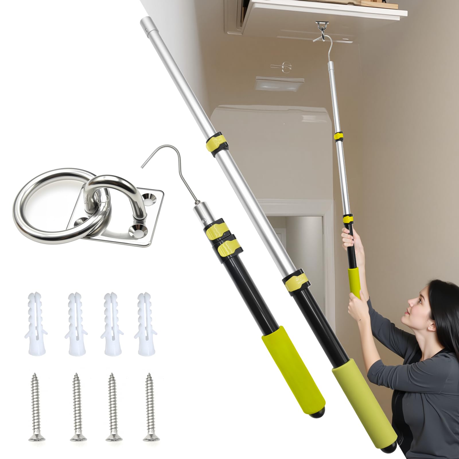 Extendable attic Pull Rod,attic Pull Down Hook,attic Ladder Pull Down Hook kit The Set Includes a 40-inch telescoping Rod, 1 Heavy-Duty Stainless Steel Pulling Ring, and 1 Storage Hook.
