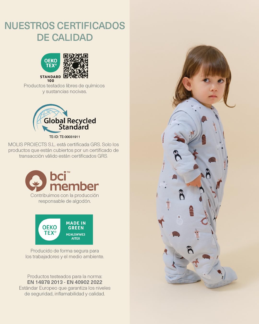 molis&co. Pijama Manta con Mangas Desmontables, Calcetines Antideslizantes, TOG 2.5 Estampado Winter Animals, Algodón 100%, Oeko-Tex 100 Certificado, 3 años