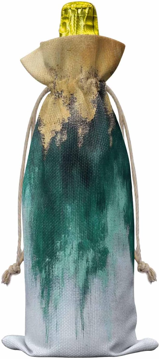 Abstract Art Wine Bag 1PCS, Gold Green Gradient Color Block Minimalist Wine Bottle Bag with Drawstring Gift Tag Linen Bottle Cover for Party Holiday Wedding