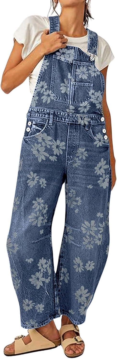 yoeasy Womens Denim Bib Overalls Floral Print Barrel Wide Leg Baggy Adjustable Strap Y2k Denim Pants Jumpsuits