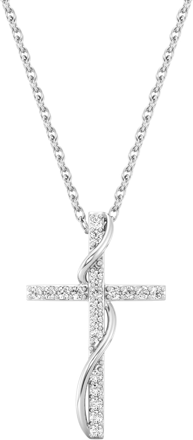 GILDED Itsy Bitsy Sterling Silver Twisted Cross Diamond Pendant Necklace, 1/6 CTTW, SI1 F-Color Lab Grown Diamonds, 18” Chain