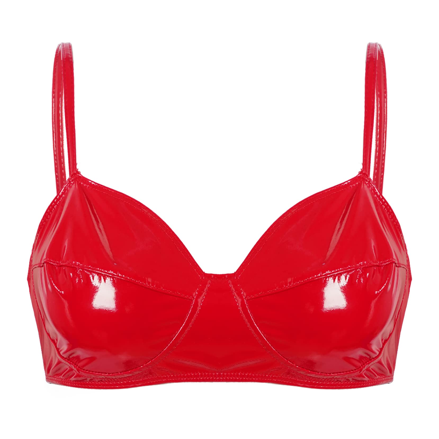 Yartina Women's Patent Leather Wet Look Bra Top Wireless Bralette Crop Top Lingerie Party Clubwear: Small Red
