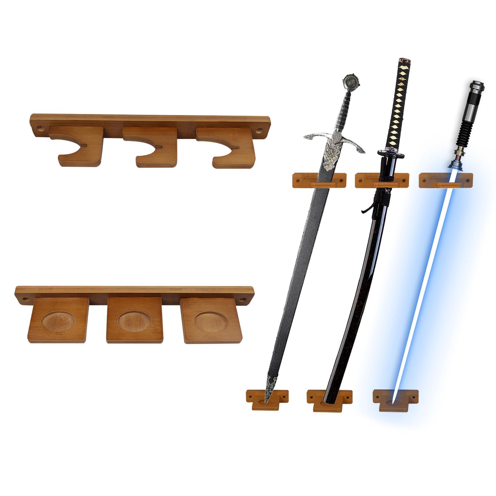 WLDDFF Sword Wall Mount Display Stand Vertical Hangers for Holding Katana, Lightsaber, Samurai, Axe (Brown 3 Holes)