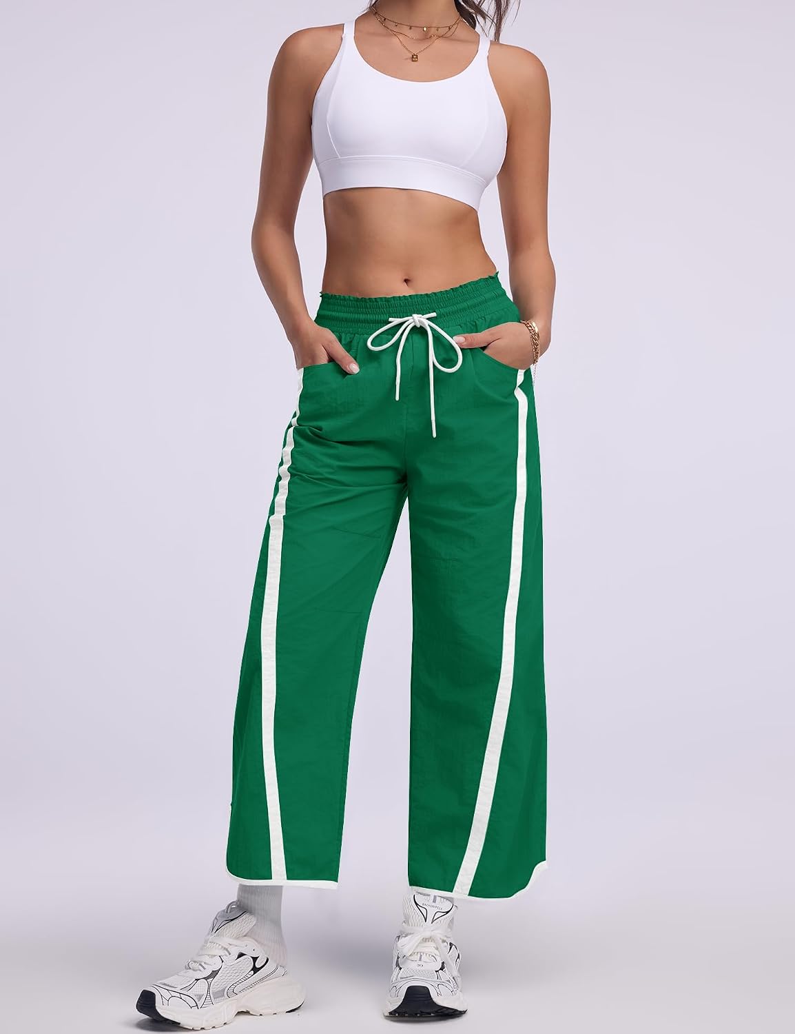 LOMON Womens Baggy Wide Leg Pants 2026 Lightweight Drawstring Contrast Color Elastic Waisted Y2K Track Pants with Pockets