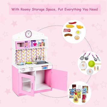 Costzon Kids Kitchen Playset, Wooden Pretend Chef Cooking Toy Kitchen with Realistic Sound, Microwave, Sink, Cookware Accessories, Pink Play Kitchen for Toddlers, Girls, Gift for Ages 3+