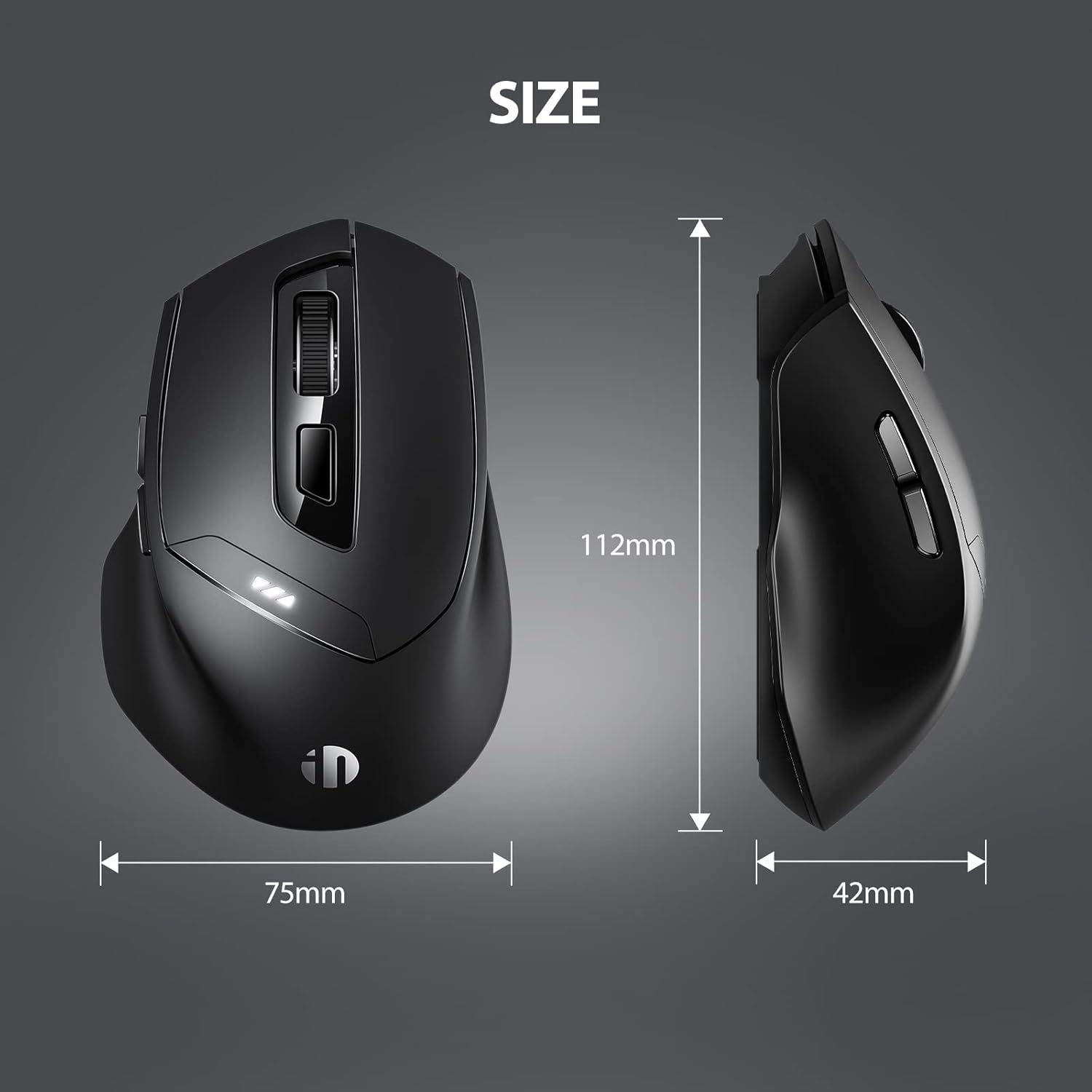 Dimensions of the INPHIC DR01 mouse: 112mm length, 75mm width, 42mm height