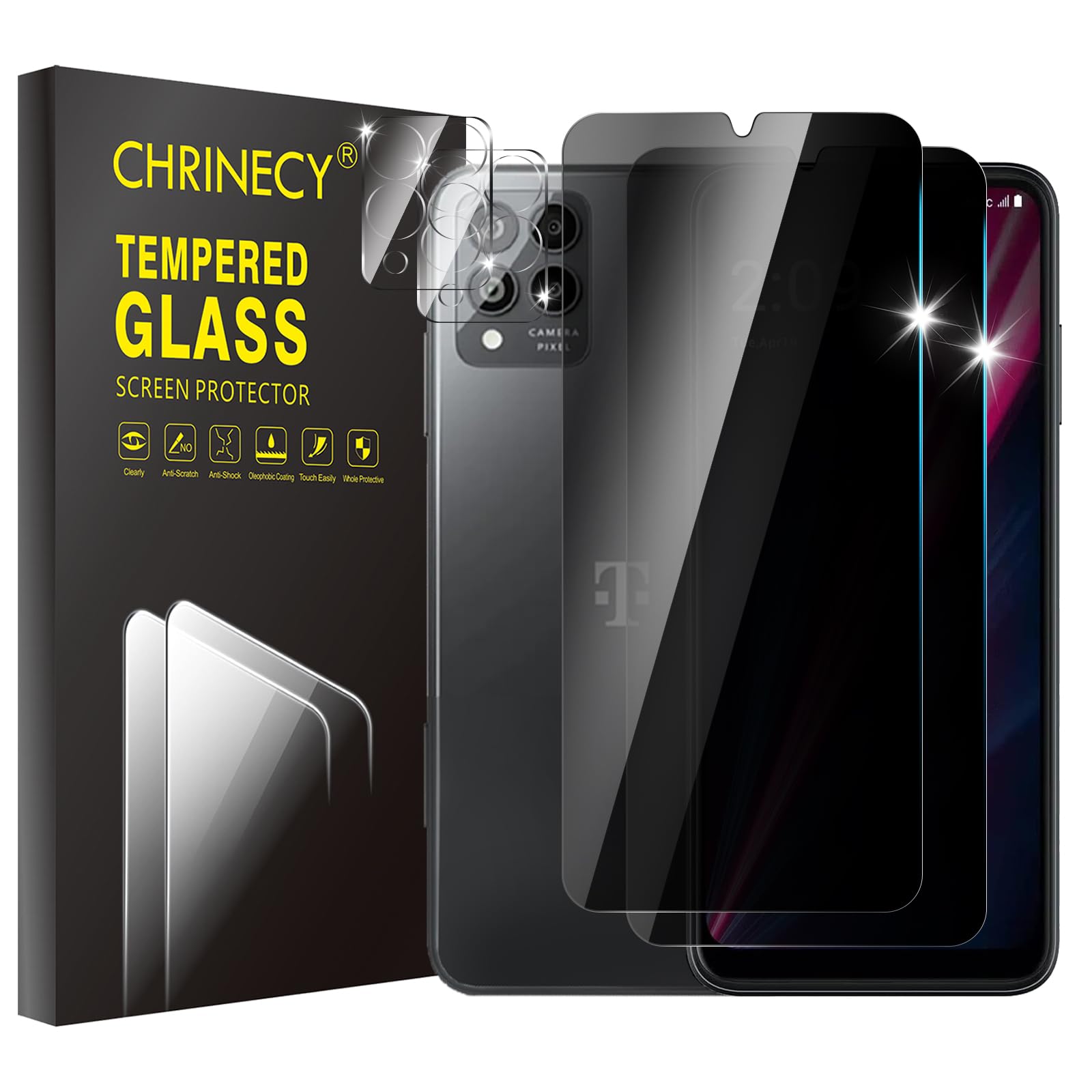 CHRINECY [4 Pack] 2 Pack Privacy Screen Protector for T-Mobile Revvl 6 Pro 5G with 2 Pack Camera Lens Protector, 9H Hardness, Anti Spy Anti Peeping,