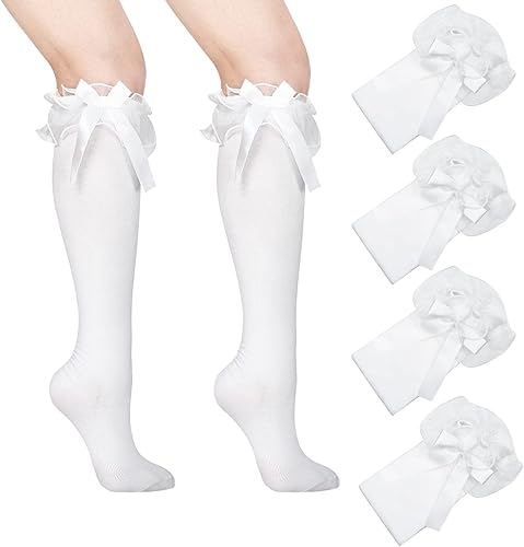 Sintege 4 pares de calcetines de algodón con lazo alto para niña, calcetines de algodón para escuela, con volantes blancos sobre la rodilla,