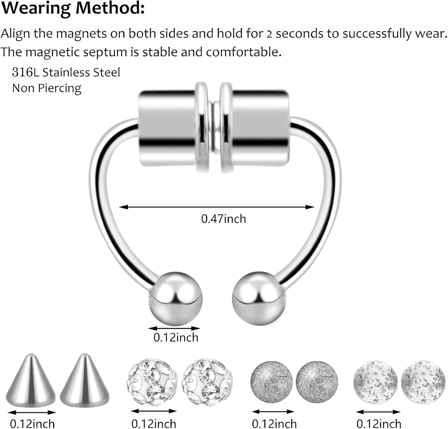 ONESING 2-6 16G Packs Magnetic Septum Nose Rings Fake Septum Ring Fake Septum Fake Nose Rings for Women Fake Piercing Inner 10mm-12mm Clip On Nose Rings Hoop No Pierced Stainless Steel Jewelry