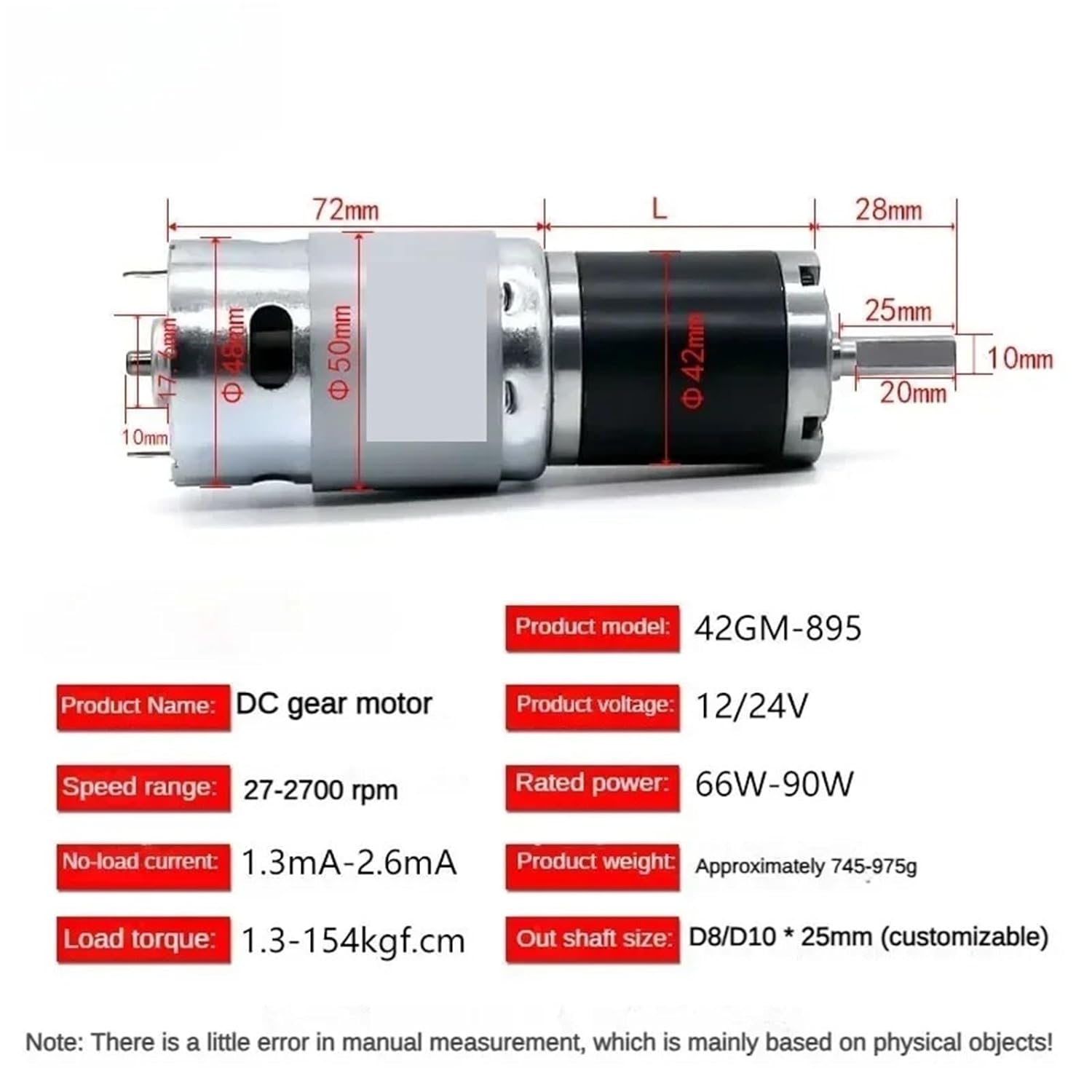 42GM-895 DC Speed Motor DC12v24v high Power Speed Regulation Positive and Negative Motor(10mm Groove (no pin),38 RPM,12V)