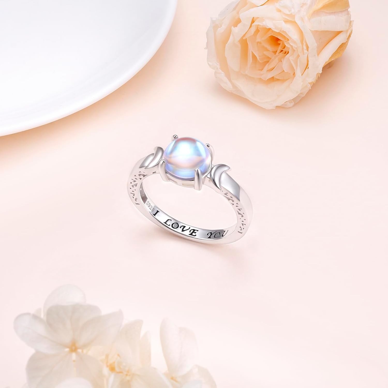 Silver Moonstone Ring 925 Sterling Silver Moon Stone Ring Minimalist Statement Band I Love You Finger Ring Valentine's Day Jewelry Gift for Women