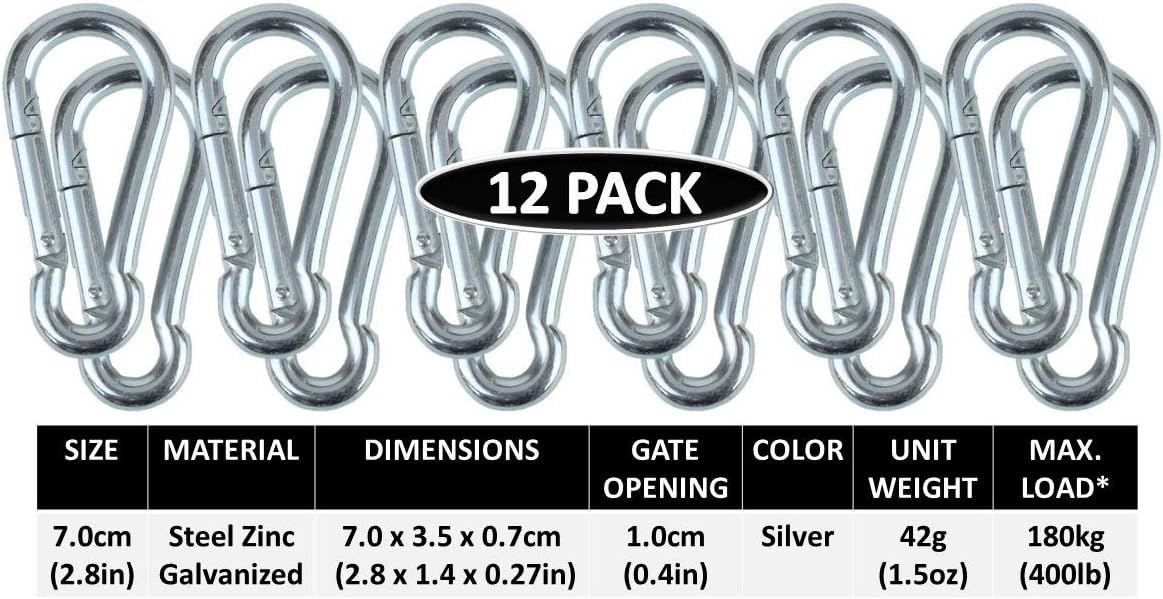 Black & Silver Zinc-Galvanized Heavy Duty Bushcraft Carabiner Spring Snap Clip Link Hooks 200-500lb Load 2, 6 & 12 Packs - Image 4
