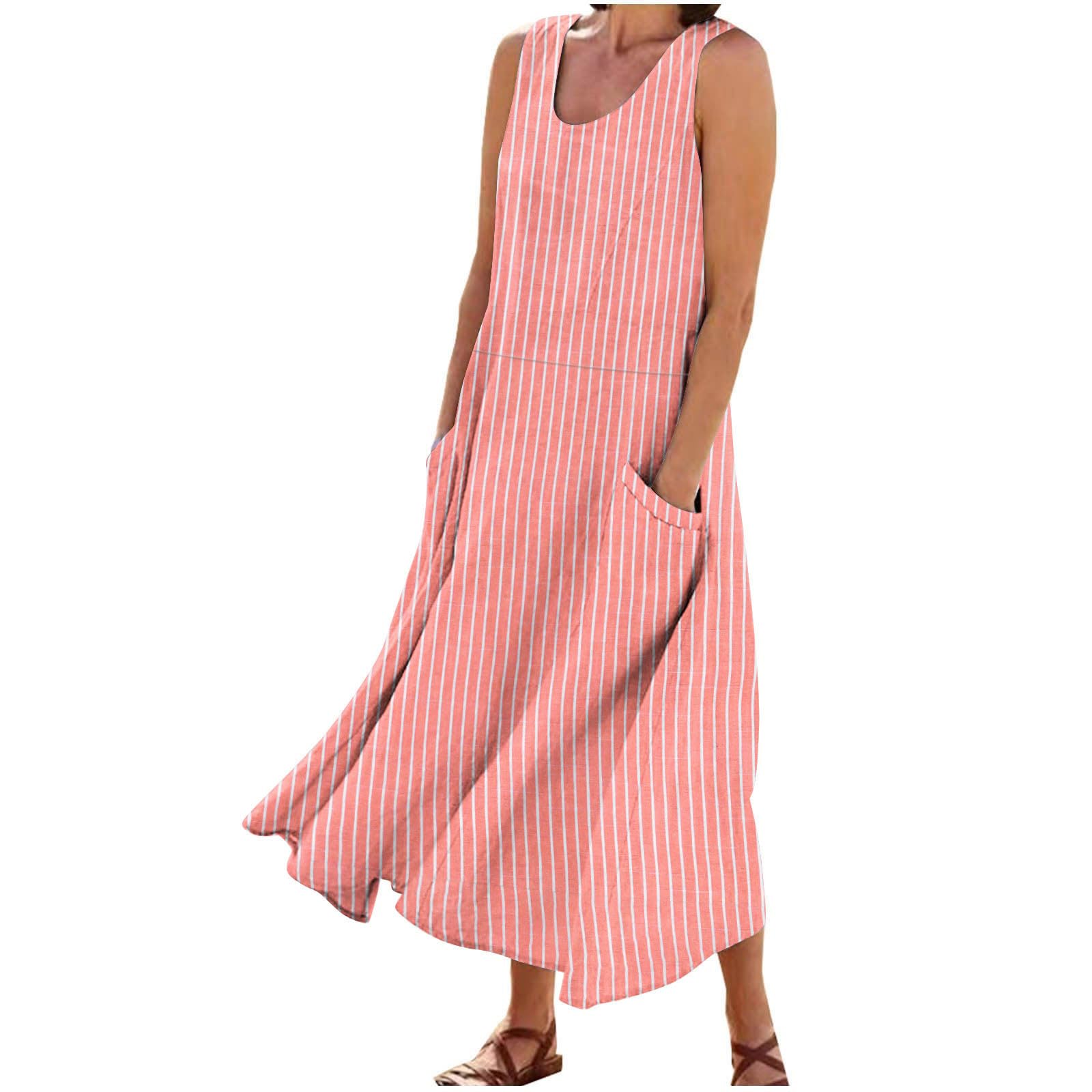Women's Cotton Linen Dress 2025 Summer Sleeveless Maxi Dresses Plus Size Flowy Tank Sundress Beach Vacation Outfits(Watermelon Red,Large)