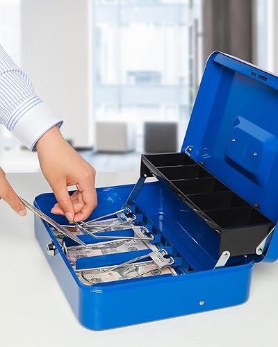 Miniatura 4 de Caja de efectivo grande con bandeja de dinero y cerradura, caja de dinero de metal para efectivo, caja de seguridad de 11.8 x 9.5 x 3.54 pulgadas