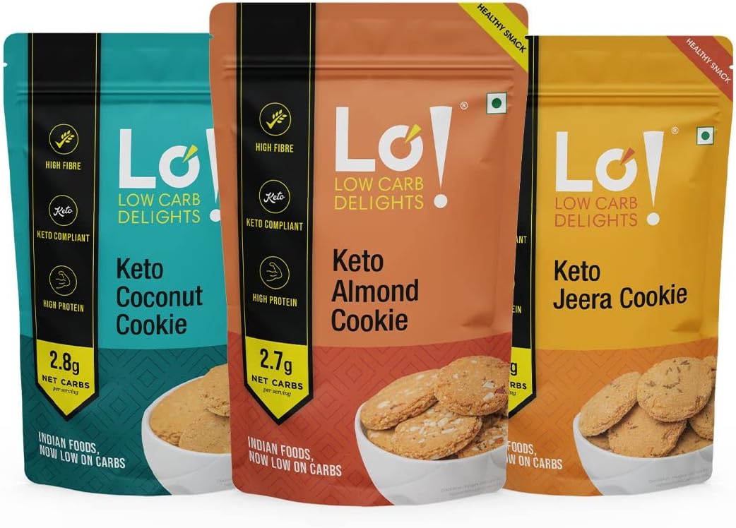 Lo! Foods - Keto Cookies Combo (400g), Sugar Free Biscuit, Low Carb Keto, Diet snacks Healthy Eating, Chocolate, Coconut, Almond & Jeera Khari Biscuit, Zero Added Sugar - (100g x Pack of 4), MEDIUM