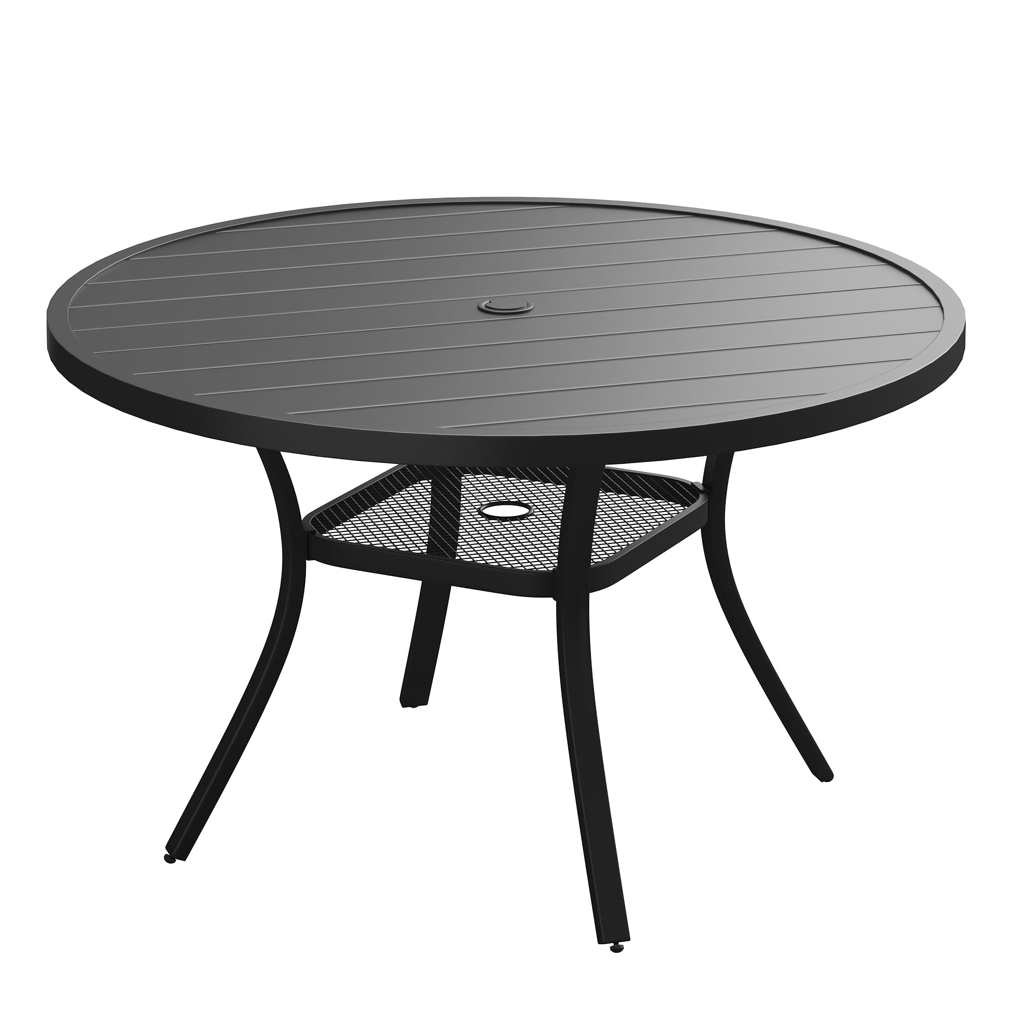VICLLAX Outdoor Patio Round Dining Table, 47"x 47" Metal Slatted Round Tabletop with Adjustable Umbrella Hole for Deck Lawn Garden Backyard, Black