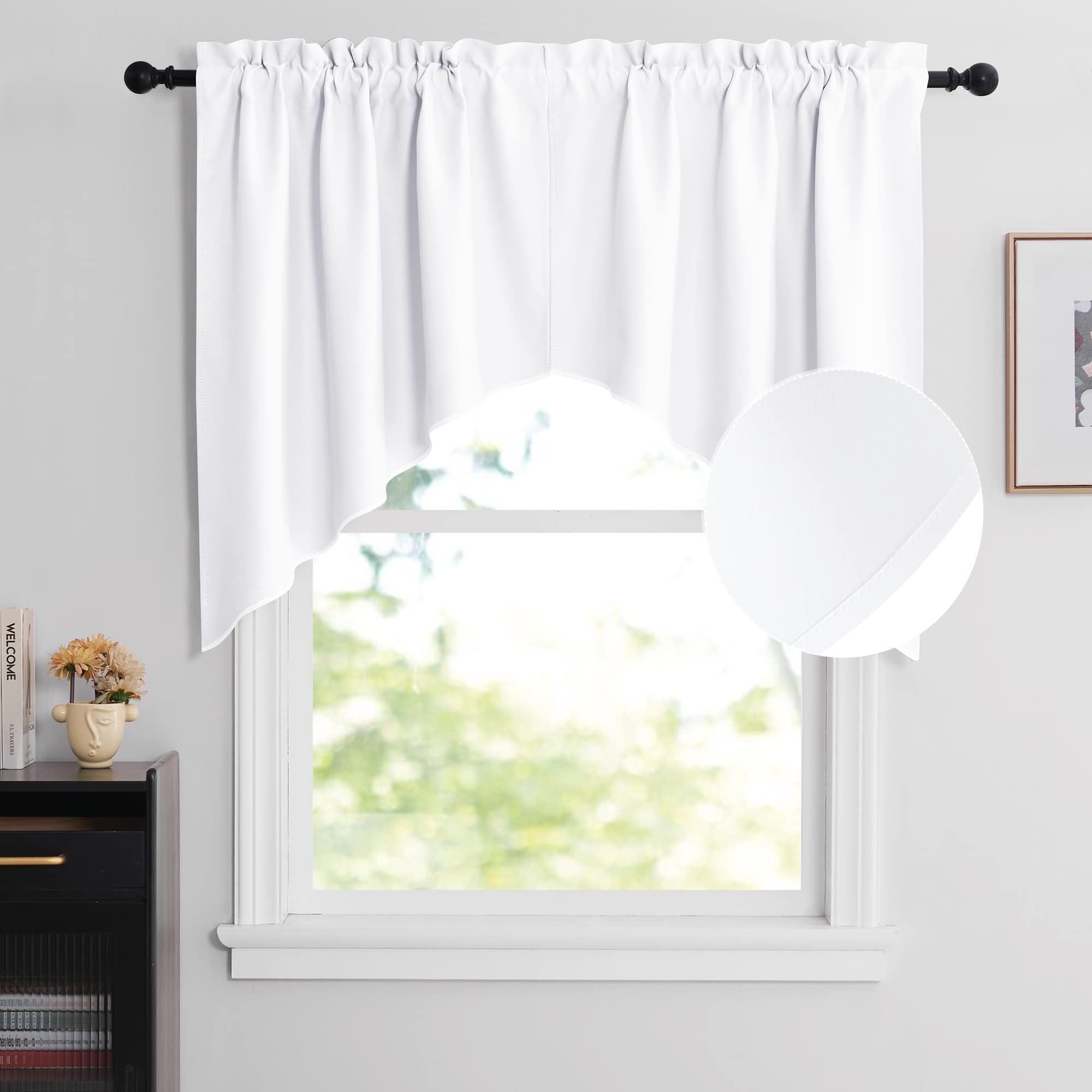 NICETOWN Swag White Valances for Windows, Thermal Insulated Rod Pocket Kitchen Curtains for Bathroom Country Window Treatment Tiers for Bedroom/Garden