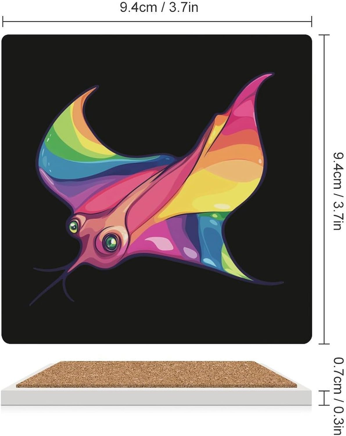 Rainbow Stingray Coasters for Drinks Square Table Coasters Set Cup Mats with Cork Base