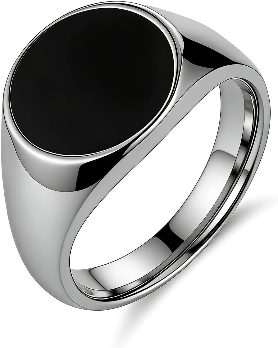 HZMAN Minimalist Vintage Signet Ring, Polished Silver Tone Stainless Steel with Black Enamel Oval Face, Classic Gentleman Ring for Office & Street Style Size 6-13