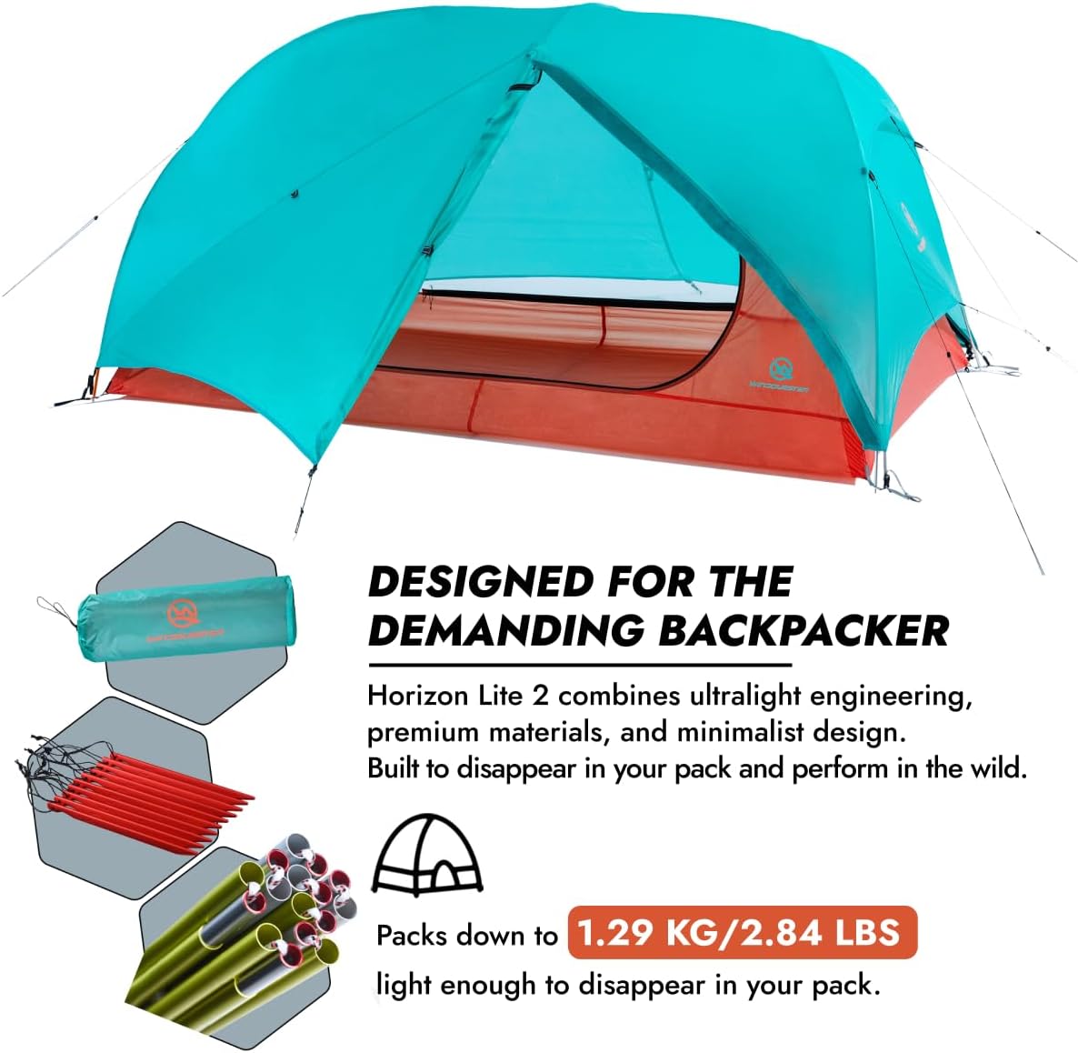 Horizon Lite 2 Ultralight 2-Person Backpacking Tent – Freestanding, 3-Season, Waterproof Double-Door Design – Seafoam Blue