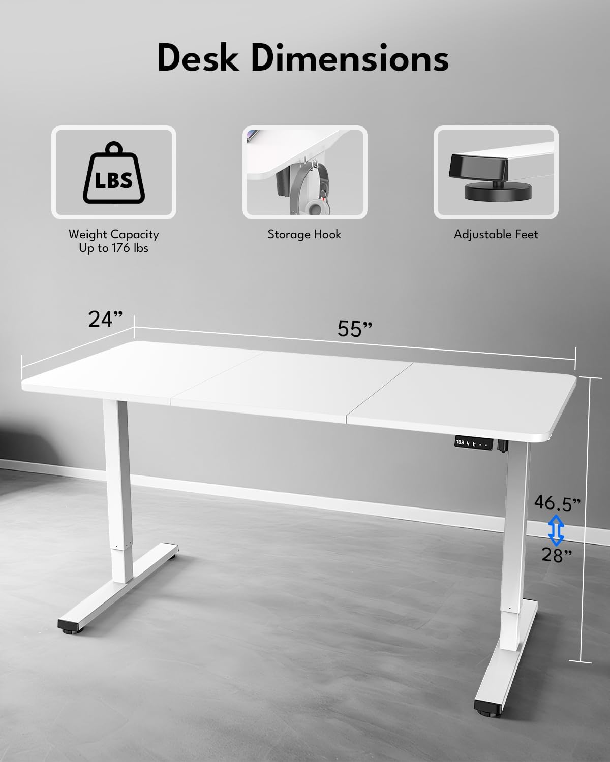 Standing Desk, Height Adjustable Electric Stand up Desk, 55 x 24 Inches Sit Stand Home Office Desk with Splice Board, White Frame/White Top - 2