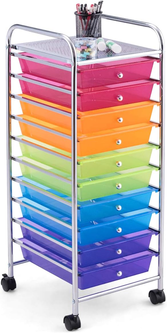 BETTARY Office Rolling Storage Cart with 10 Drawer, Scrapbook Paper Office School Organizer with Lockable Casters, Multipurpose Mobile Storage Cart for Supermarket, School, Office, Home (Rainbow)