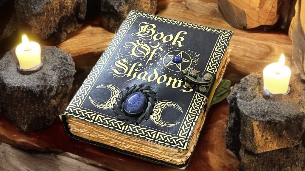 Leeres Zauberbuch der Schatten mit keltischem Lapislazuli Stein - Vintage Leder Journal mit Schloss, Grimoire Junk Journal, Leder Skizzenbuch Notizbuch, 200 Büttenseiten - Hexerei Geschenk für Sie